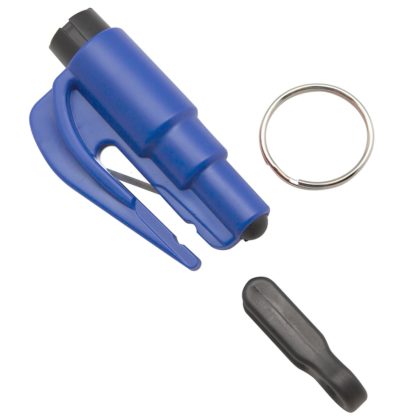 Blue keychain glass breaker compact with belt cutter