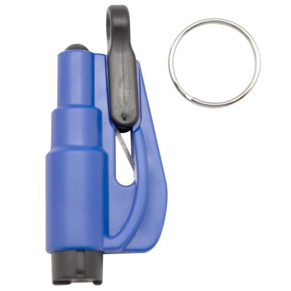 Blue keychain glass breaker compact for home and car with belt cutter