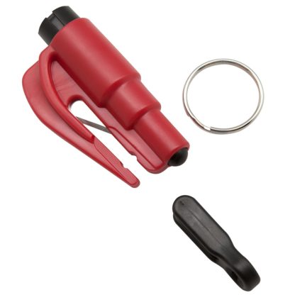 Red keychain glass breaker compact with belt cutter