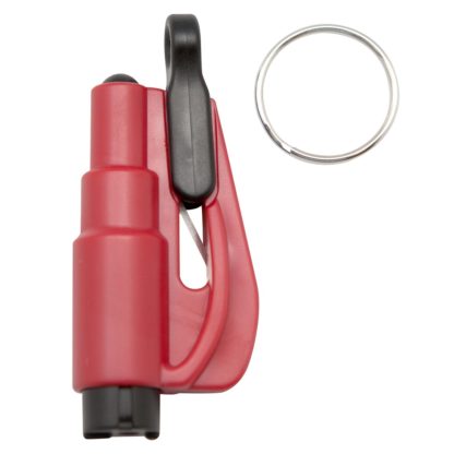 Red keychain glass breaker compact for home and car with belt cutter