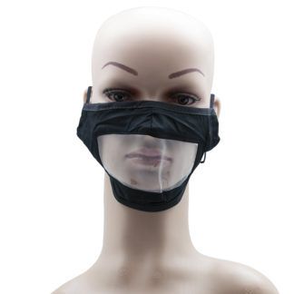 Black Adult Mask Fabric with Clear Mouth Shield and Adjustable Earloops for Deaf