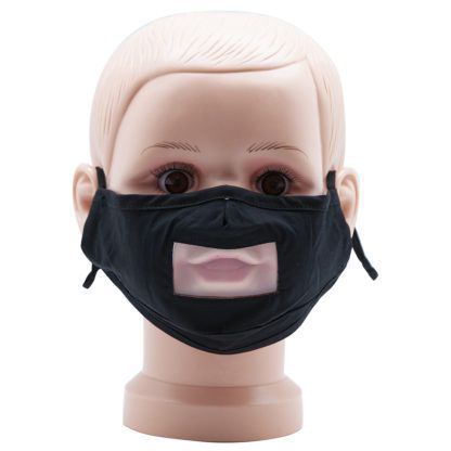 Black Child Mask Fabric with Clear Mouth Shield and Adjustable Earloops for Deaf