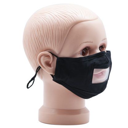 Black Child Mask Fabric with Clear Mouth Shield and Adjustable Earloops for Deaf Side