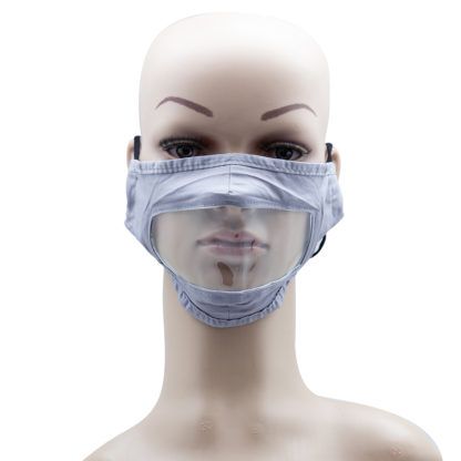 Grey Adult Mask Fabric with Clear Mouth Shield and Adjustable Earloops for Deaf