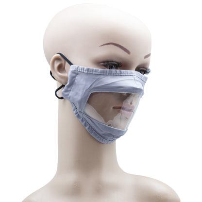 Grey Adult Mask Fabric with Clear Mouth Shield and Adjustable Earloops for Deaf Side