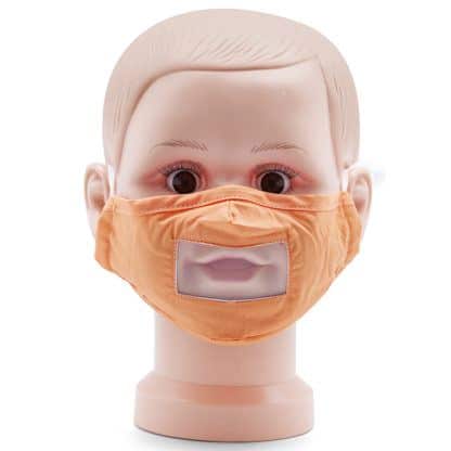 Orange Child Mask Fabric with Clear Mouth Shield and Adjustable Earloops for Deaf