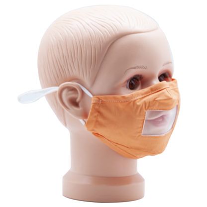Orange Child Mask Fabric with Clear Mouth Shield and Adjustable Earloops for Deaf Side
