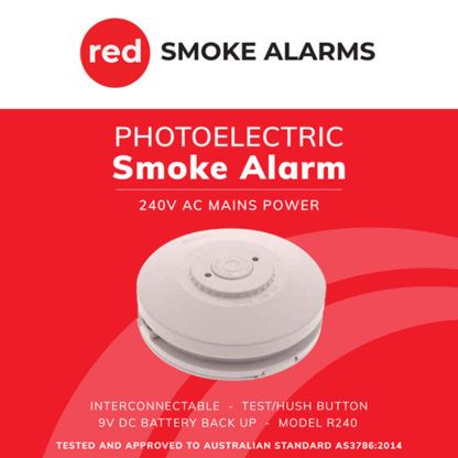 Red R240 Photoelectric Smoke Alarm 240V AC Mains Power with 9V Battery Box
