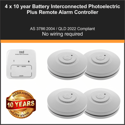 4 x Red R10RF Photoelectric Interconnected Smoke Alarm 10 Year Lithium Battery Wireless + Smoke Alarm Controller
