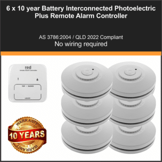 6 x Red R10RF Photoelectric Interconnected Smoke Alarm 10 Year Lithium Battery Wireless + Smoke Alarm Controller