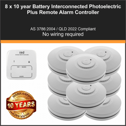 8 x Red R10RF Photoelectric Interconnected Smoke Alarm 10 Year Lithium Battery Wireless + Smoke Alarm Controller