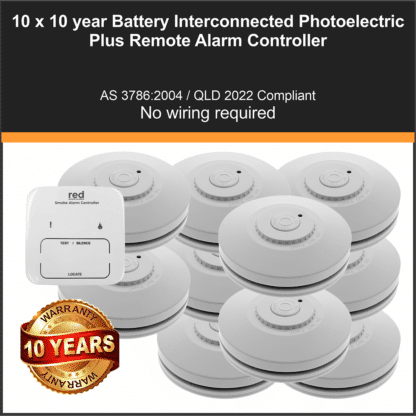 10 x Red R10RF Photoelectric Interconnected Smoke Alarm 10 Year Lithium Battery Wireless + Smoke Alarm Controller